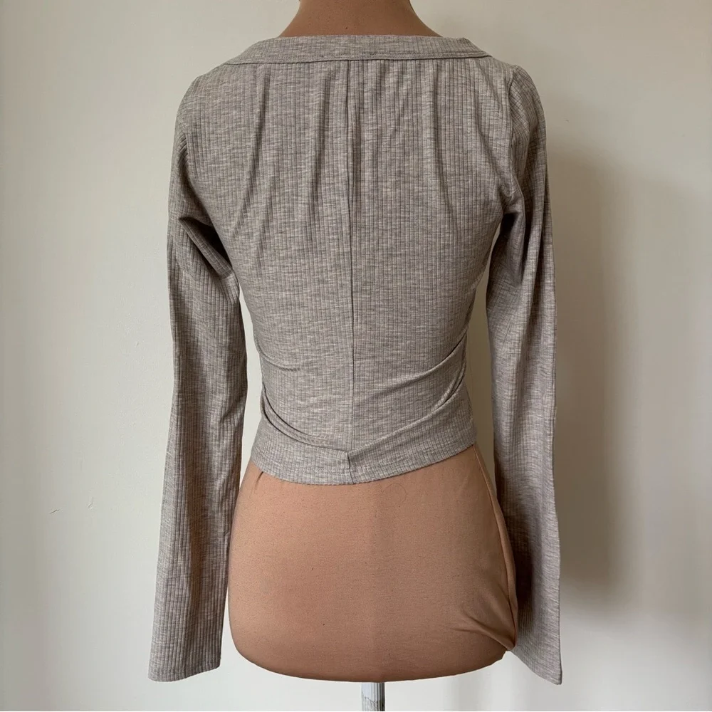 Reformation Paige Marble Gray Scoop Neck Ribbed Crop Top Long Sleeve Tee EUC S